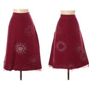 OLO Linen Embroidered Raw Hem Midi Skirt 8
